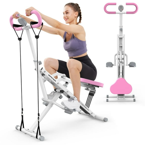 Pink Squat Machine for Home Workout, Rodeo Exercise Equipment Foldable 330lbs, 4 Adjustable Resistance Bands, Ride Rowing Trainer for Glutes Thighs Abs Back Leg Press Hip Thrust