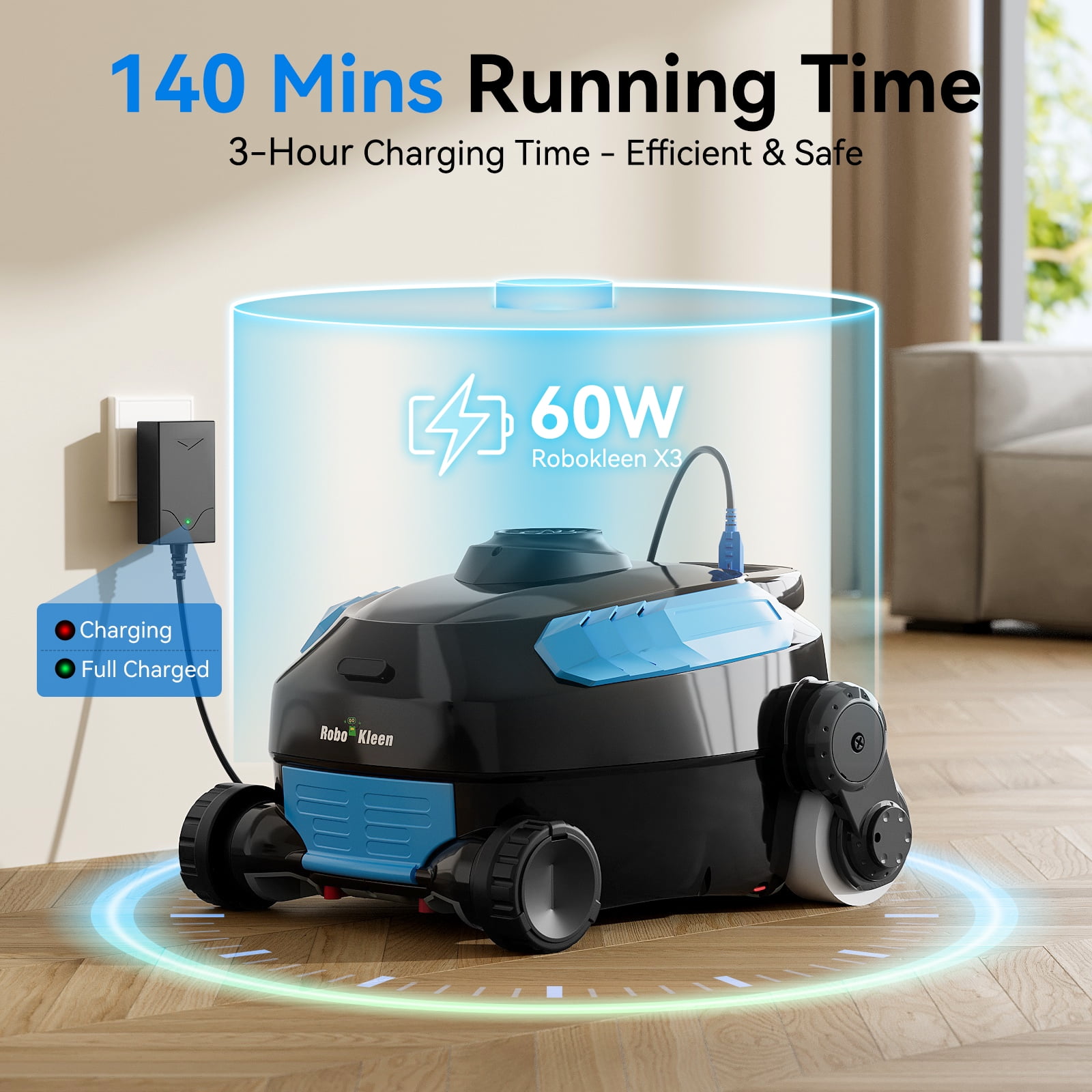 Robokleen RK-X3 Cordless Robotic Pool Vacuum Cleaner Wall-Climbing for In-Ground and Above Ground Pools, 140-Min Runtime,8L Large Capacity,Blue