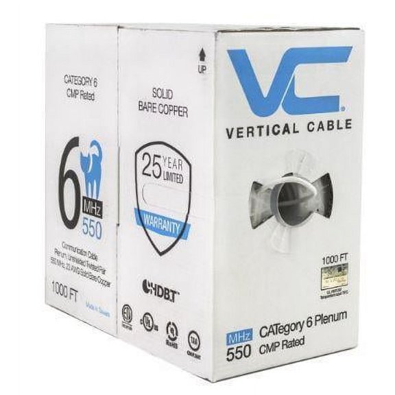 Vertical Cable 1000ft Solid Plenum Cat6 Cable - 23AWG 550MHz CMP-Gray