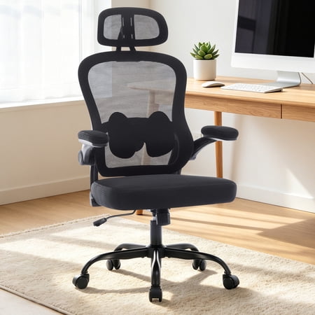 Ergonomic Mesh Office Chair with Thick Cushion Adjustable Lumbar Support Flip-Up Arms