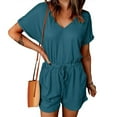 thumbnail image 2 of Lisingtool Womens Overalls Rompers for Women V Neck Summer Casual Loose Short Sleeve Jumpsuits Elastic Waist Summer Outfits with Pockets Jumpsuits for Women Dressy Blue, 2 of 7