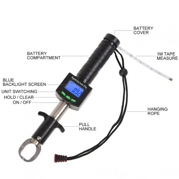 Báscula de Agarre para Pescado, 25 kg/55 lb, Pinza Digital Para Labios de Pescado Con Cinta Métrica, 3 en 1 Para Mediciónica de Peso, Acero con abds ABS ABS ABS