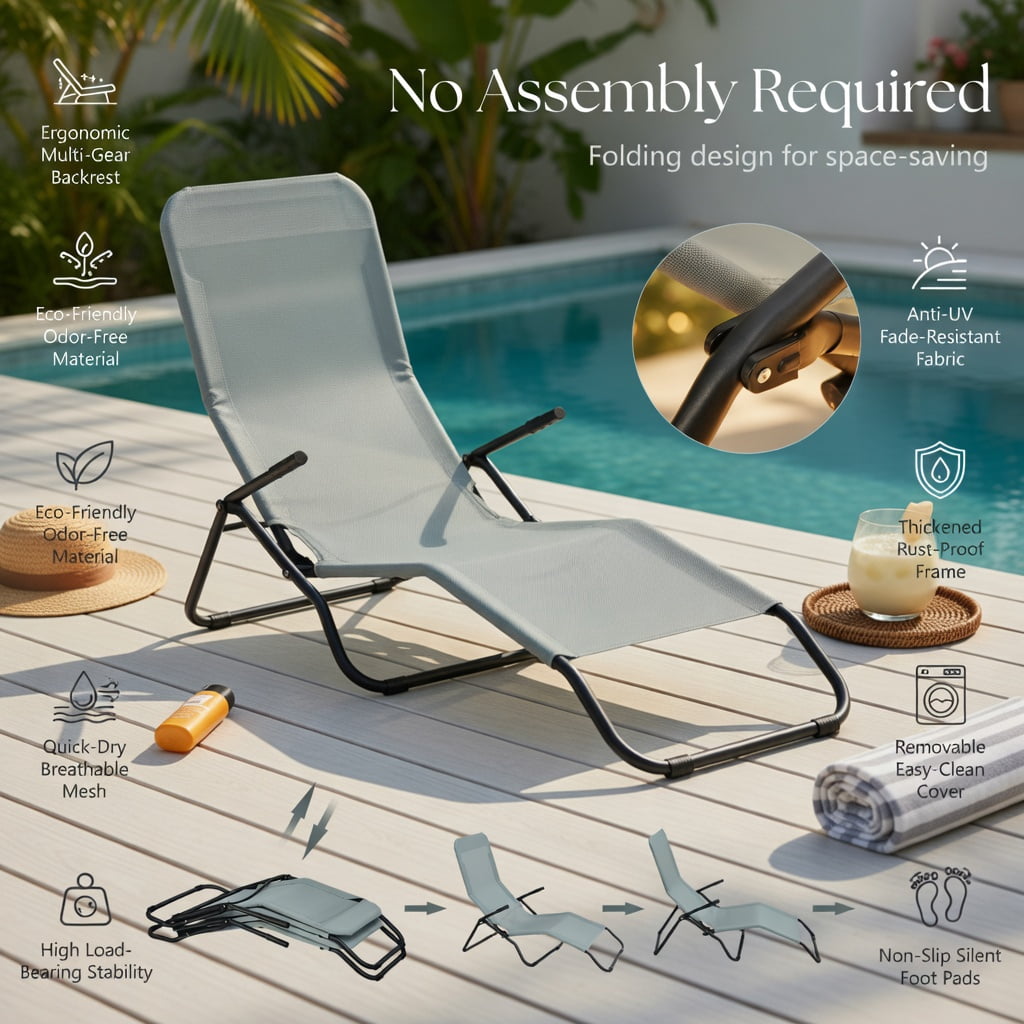 Hommoo 2-Pack Folding Patio Chaise Loungers with Rocking Motion, Heavy-Duty Steel Frame, Breathable Fabric, Easy-Store Design for Backyard, Poolside & Garden, Gray