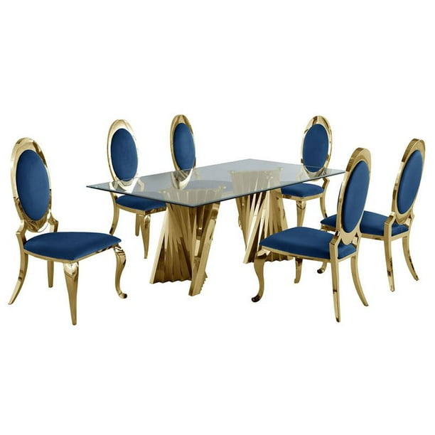 Oval Navy Blue Velvet Chairs, Glass Dining Table With Blue Velvet Chairs