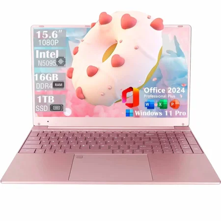 15.6" High-Performance Laptop, 2.9 GHz Intel Celeron N5095, 16GB RAM 1TB SSD, Office 2024,Windows 11, Ultra-Thin and Lightweight student Computer, Backlit Keyboard, WiFi 5, BT 5.0(Pink）