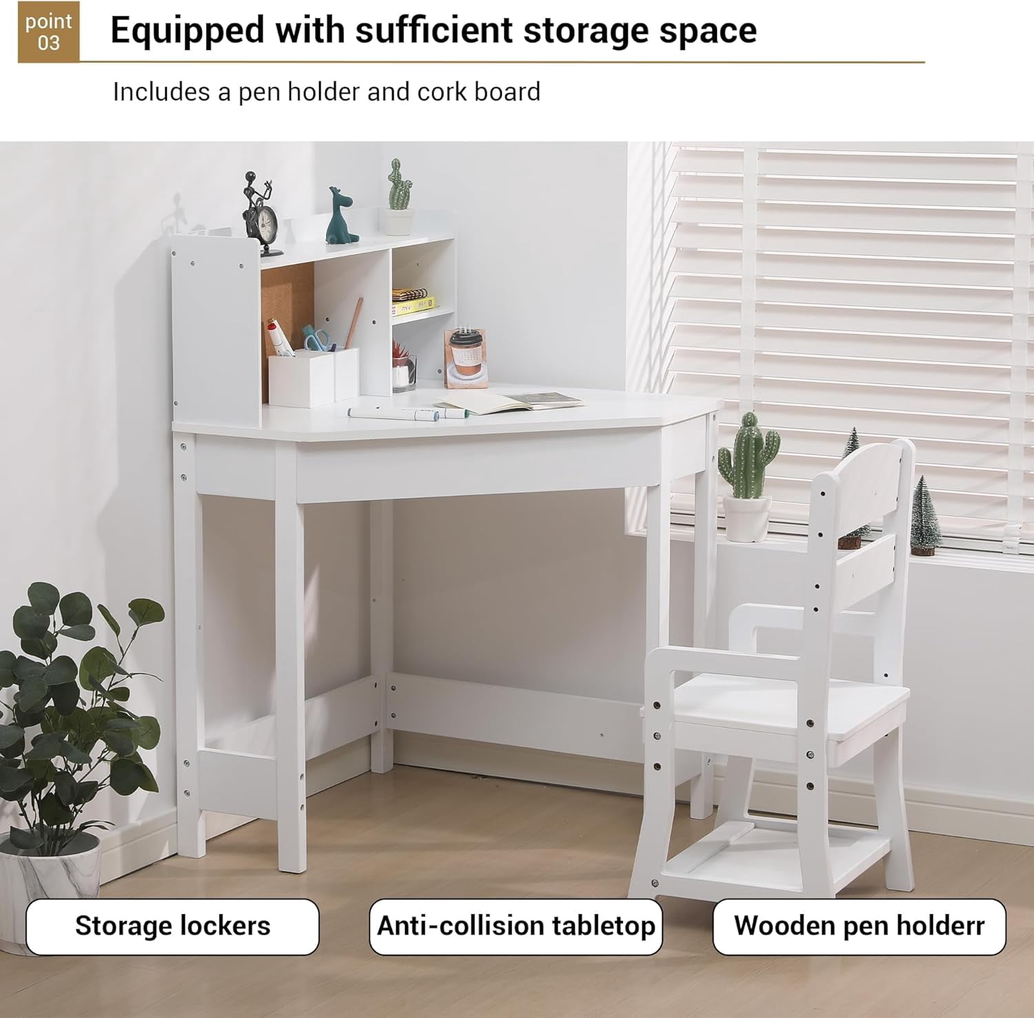 EastVita Kids Study Desk and Chair Set, White Corner Table with Adjustable Chair, Hutch, Cork Bulletic Board, Pen Holders