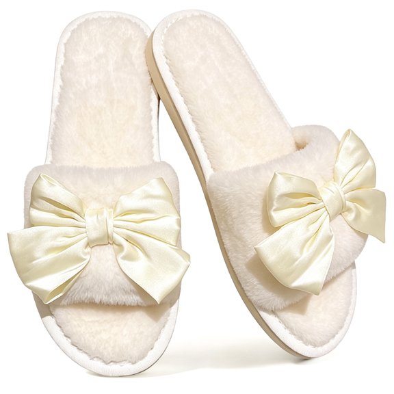 CHICVOMEY Cute Slippers for Women with Bow Fuzzy Open-Toe Slippers Memory Foam Indoor Slippers Soft Comfy House Shoes