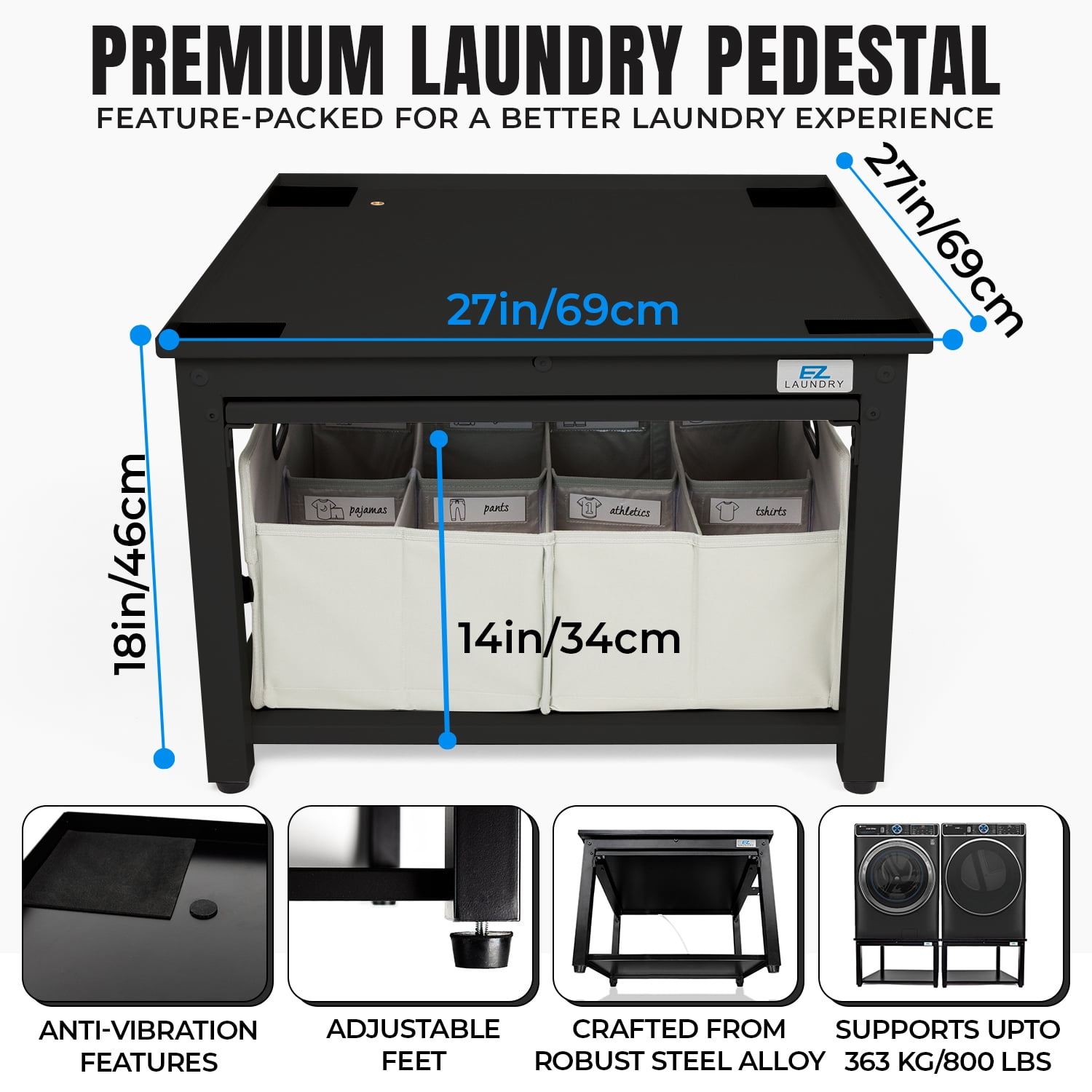 EZ Laundry Pedestal 27" Wide x 18" High Heavy-Duty Stand with Pull-Out Laundry Shelf