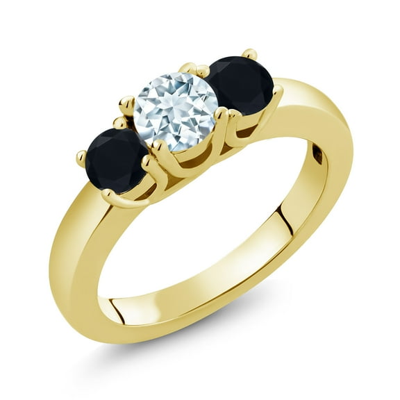 Gem Stone King 0.94 Ct Round Sky Blue Aquamarine Black Onyx 18K Yellow Gold Plated Silver Classic 3-Stone Ring for Women (Size 9)