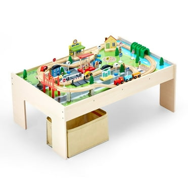 84-Piece children's wooden train activity table with foldable storage box
