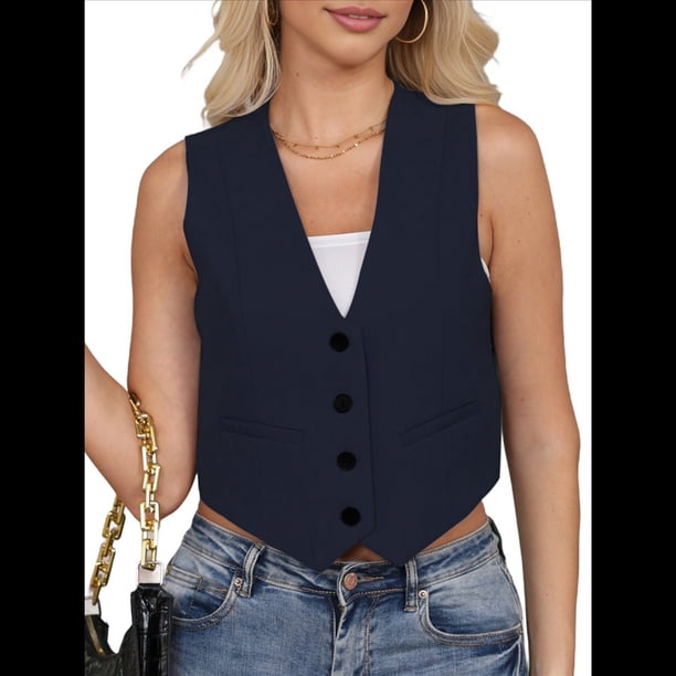 Chaleco de Traje Corto para Mujer, con Botones, Informal, Elegante, para Negocios. Azul Marino L