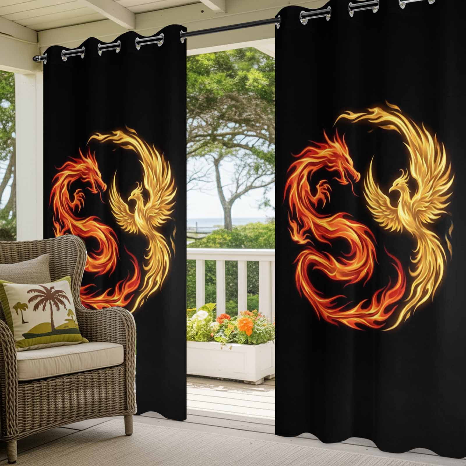Dragon Phoenix Outdoor Curtains for Patio, Modern Mythical Mysterious Gold Red Symbolic Black Sunshade Privacy Drapes Grommet Waterproof Outside Curtains for Porch/Cabana/Balcony 54"x 108", 1 Panel