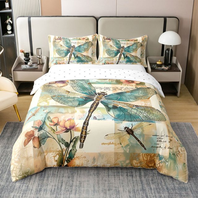 Erosebridal Housse de Couette Vintage Insecte 100 % Coton Double, Libellule Dessin Animé, Déco Florale Rétro, Réversible (Sans Couette)
