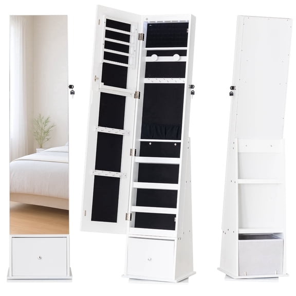 360° Swivel Freestanding White Jewelry Armoire Full-Length Mirror Cabinet with 3-in-1 Storage, LED Lighting, Modern Home Decor, Easy Assembly, Adult