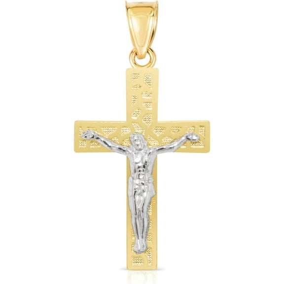 Floreo 10k Yellow Gold Engraved Crucifix of Jesus Cross Religious Pendant