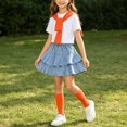 thumbnail image 5 of Daiosportswear Girls 4 Piece Summer Outfit Set, Crew Neck Tee Detachable Scarf Tiered Ruffle Denim Skirt Knee High Socks for 3-16Y Orange 7-8 Years, 5 of 9