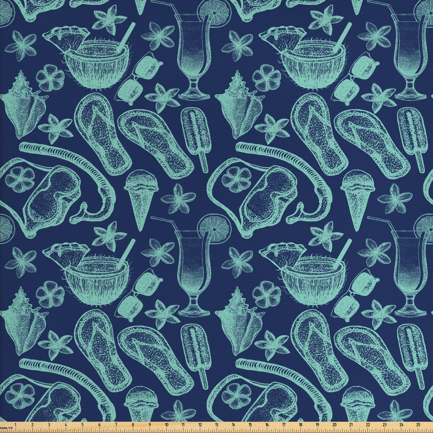 Flip Flop Fabric by The Yard, Exotic Summer Cocktail Snorkeling Mask Sunglasses Frangipani 