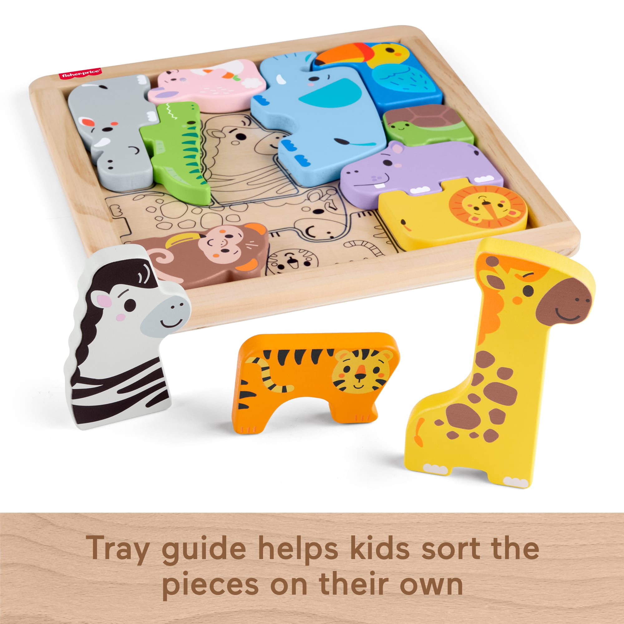 Fisher-Price Wooden Animal Puzzle, Shape-Sorting Activity for Kids, 12 Wood Blocks
