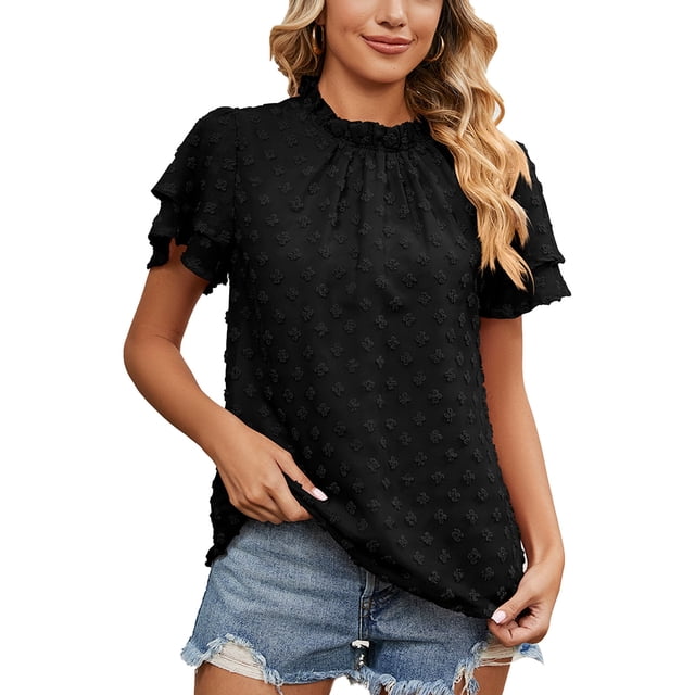 Top de cuello redondo para mujer, blusa holgada de Color puro de doble capa de manga corta, blusa Jacquard para mujer para uso diario, negro XL
