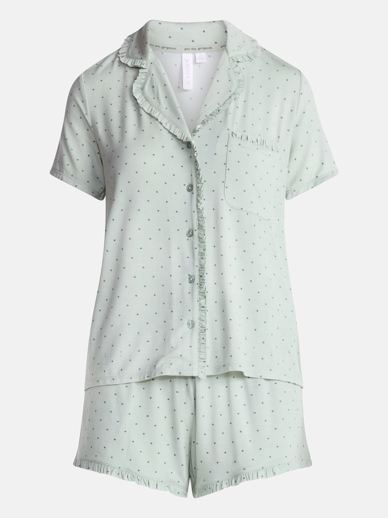 Joyspun Women’s Modal-Blend Ruffle Trim Notch Collar Top and Shorts Pajama Set, 2 Piece, Sizes XS-3X