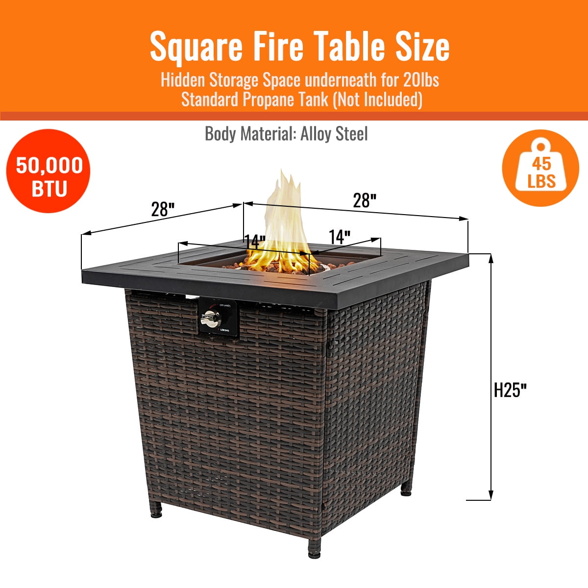 AJ Enjoy 28'' Propane Fire Pit Table, 50,000 BTU Fire Table with Brown Wicker, Laval Rocks, Inclined Leg Design.