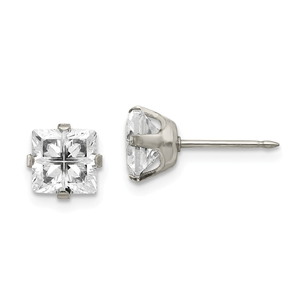 FB Jewels Solid Stainless Steel Polished Square CZ Cubic Zirconia Post Earrings