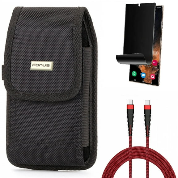 Privacy Screen Protector & 10ft PD Cable & Case Belt Clip for Samsung Galaxy S22 Ultra (6.8") - Combo TPU Film (Fingerprint) Anti-Peep & Type-C to USB-C Charger Cord Power & Swivel Holster Rugged
