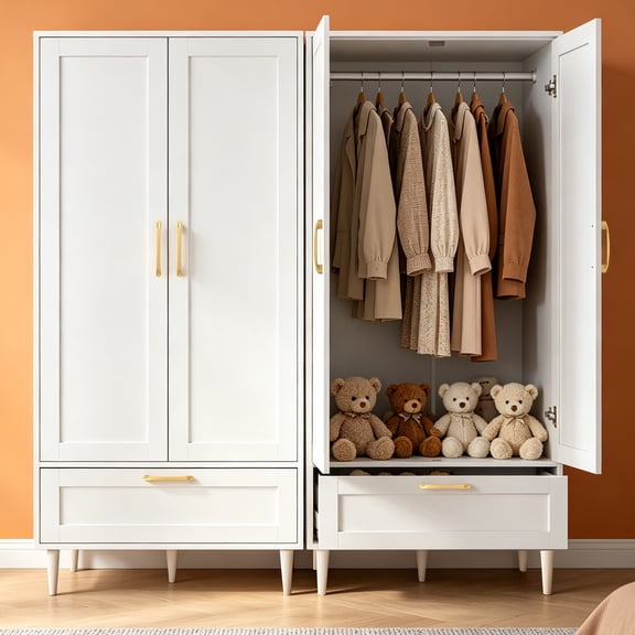 Gyger Freestanding Wood Wardrobe Closet with 2 doors & Drawer,Armoires and Wardrobes with Shelves and Hanging Rail,Bedroom Wardrobe,White