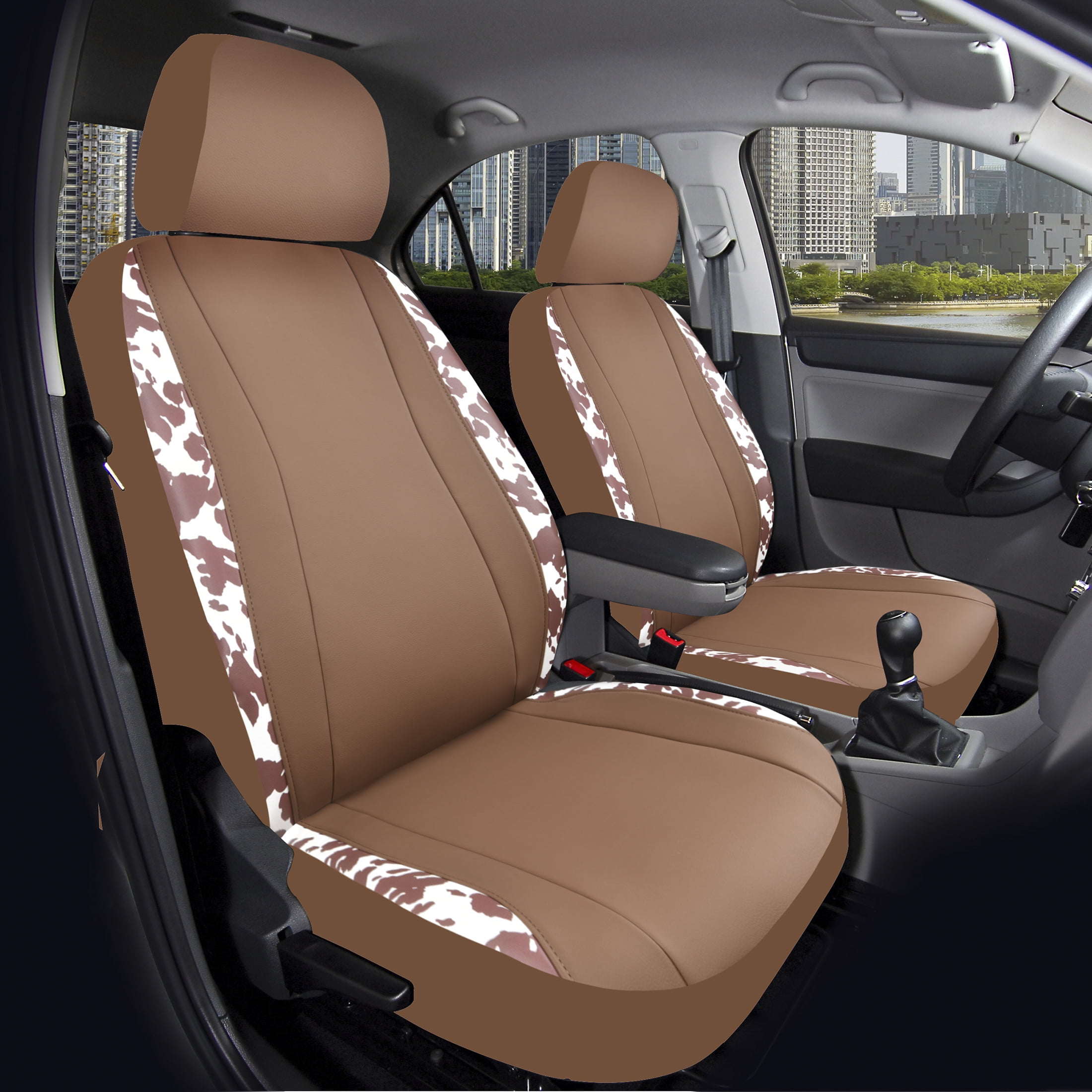 Auto Drive Universal Fit Brown White Cow Faux Leather Car Seat and Headrest Cover, Set of 2