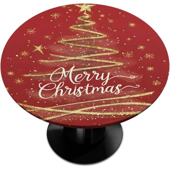Round Fitted Tablecloth Wipeable Elastic Christmas Tree Festival Red Table Cover Waterproof Circle Table Cloth for Indoor Outdoor Dining Kitchen Picnic Patio Decor Gifts,Fit 40-44inch Tables