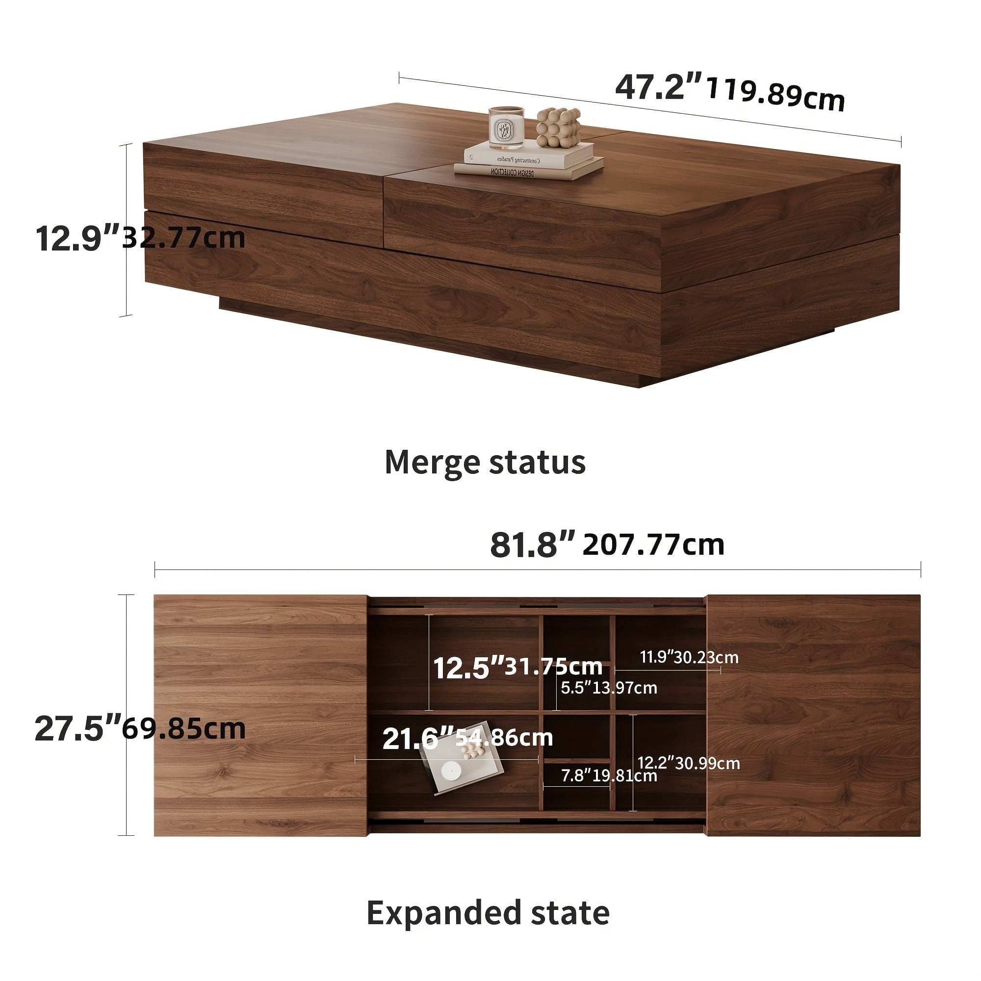 NessCarsti Mid-Century Modern Farmhouse 47.2-81.8" Expandable Coffee Table, Adjustable Center Table with Large Storage for Living Room, Walnut