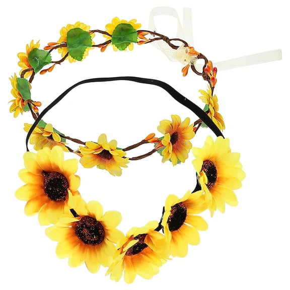 2pcs Yellow Sunflower Hairbands and Crown Set, Floral Headbands for Women, Elastic Bohemian Flower Hair Hoops, Wedding and Beach Party Hair Accessories