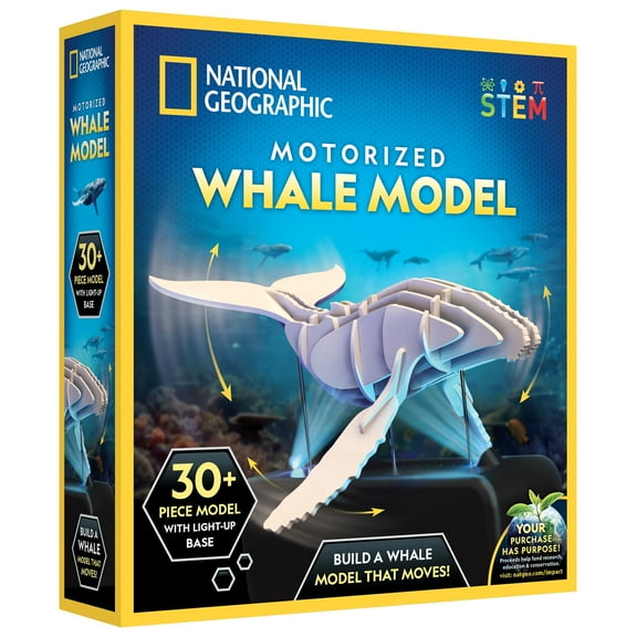 National Geographic Motorized Whale 3D Puzzle – 32-Piece Wooden Model Kit with Light-Up Display Base and Whale Facts, Moving Whale STEM Activity for Kids