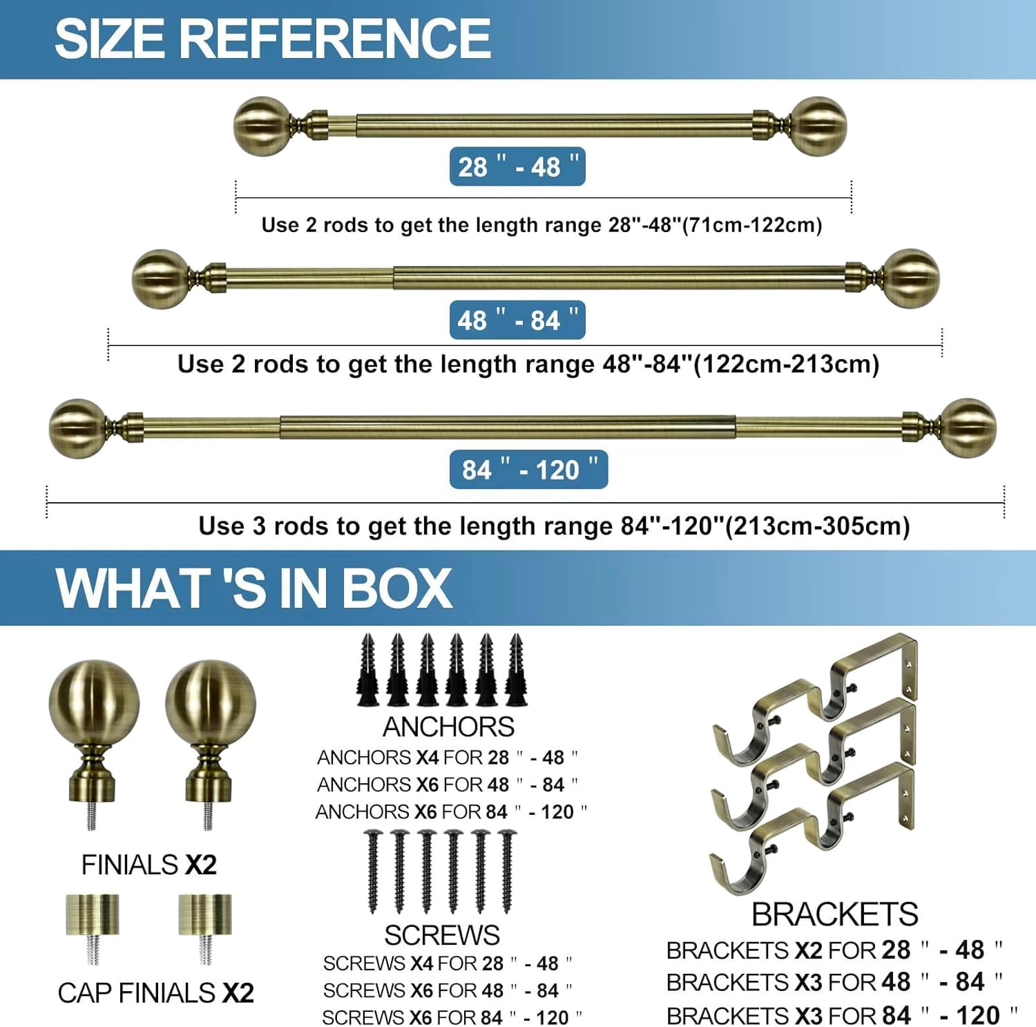 Urbanest Adjustable Double Curtain Rod Set Steel Ball Manhattan Finials – 1″ Front & 3/4 Back Rod With Antique Brass Rod, 28–48 Inches