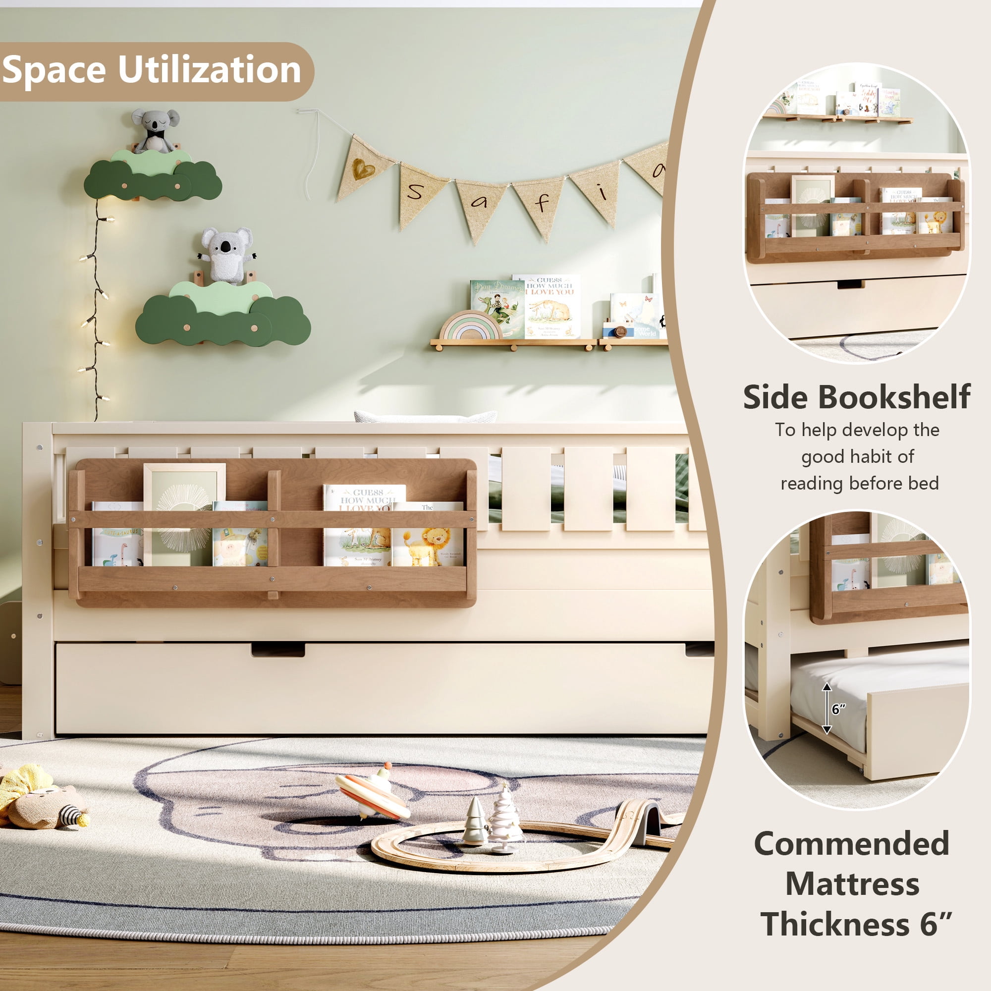 Full Bed with Bookshelf and Trundle 79.1 Inch, Solid Wood Frame with Staircase and Safety Rails, Space-Saving Kids Bed with Storage, Beige