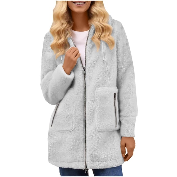 Womens Fleece Jacket Hooded Sherpa Warm Winter Coat with Zipper Pockets Zip Up Fuzzy Fluffy Warm Cozy Outwear