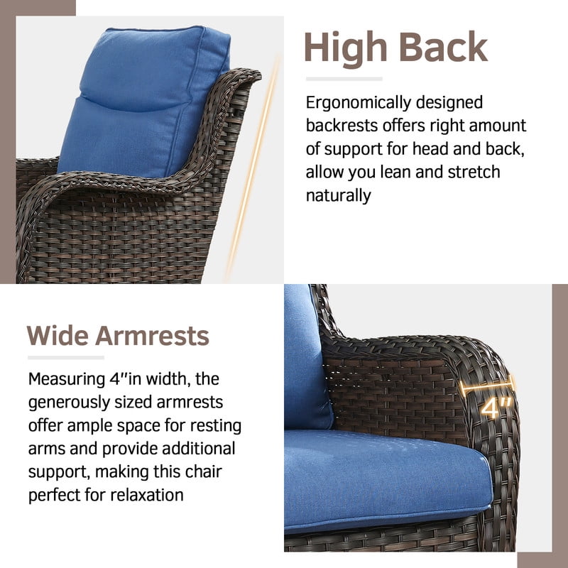 PARKWELL 3-Piece Patio Wicker Chairs Swivel Rocker Set,Outdoor High Back Swivel Glider Rocking Lounge Chairs with Side Table for Patio Deck Garden,Brown/Navy