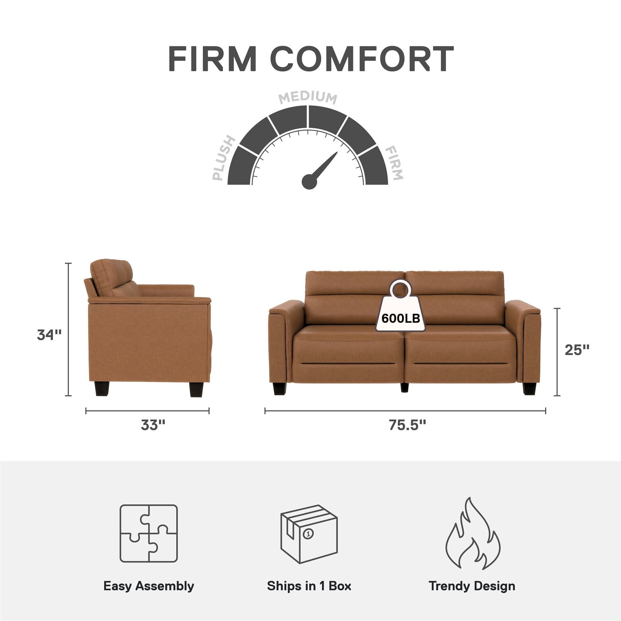 Mainstays Williamson 75.5" Sofa, Brown Faux Leather