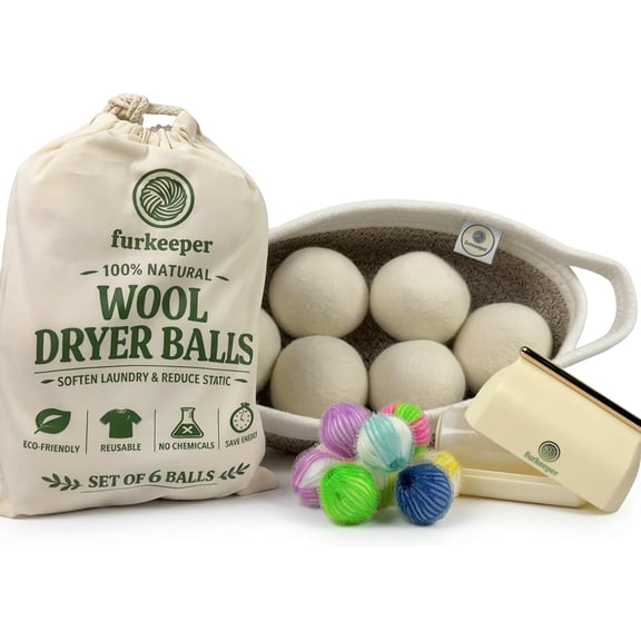 6 Premium Wool Dryer Balls - 14-pirece Laundry Set