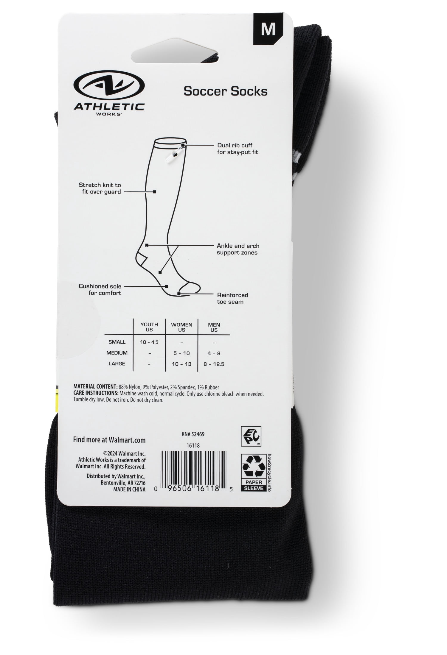 (2 pack) Athletic Works Soccer Socks 1 Pack Black Unisex, Medium, Women's 5-10