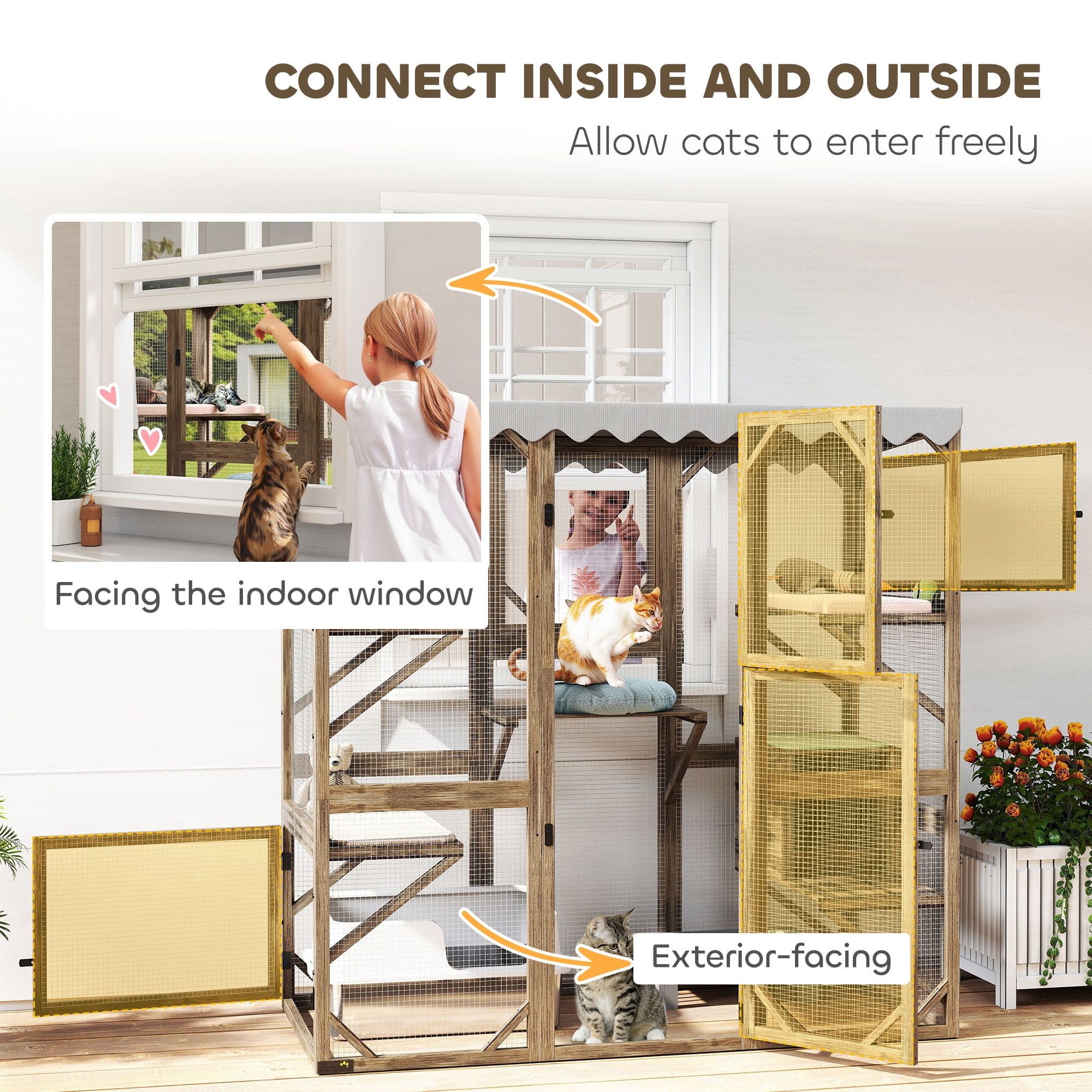 PawHut Catio Outdoor Cat Enclosure, Wooden Cat House with Window Access, 5 Platforms and 2 Resting Boxes, Waterproof Roof for Multiple Cats, Brown