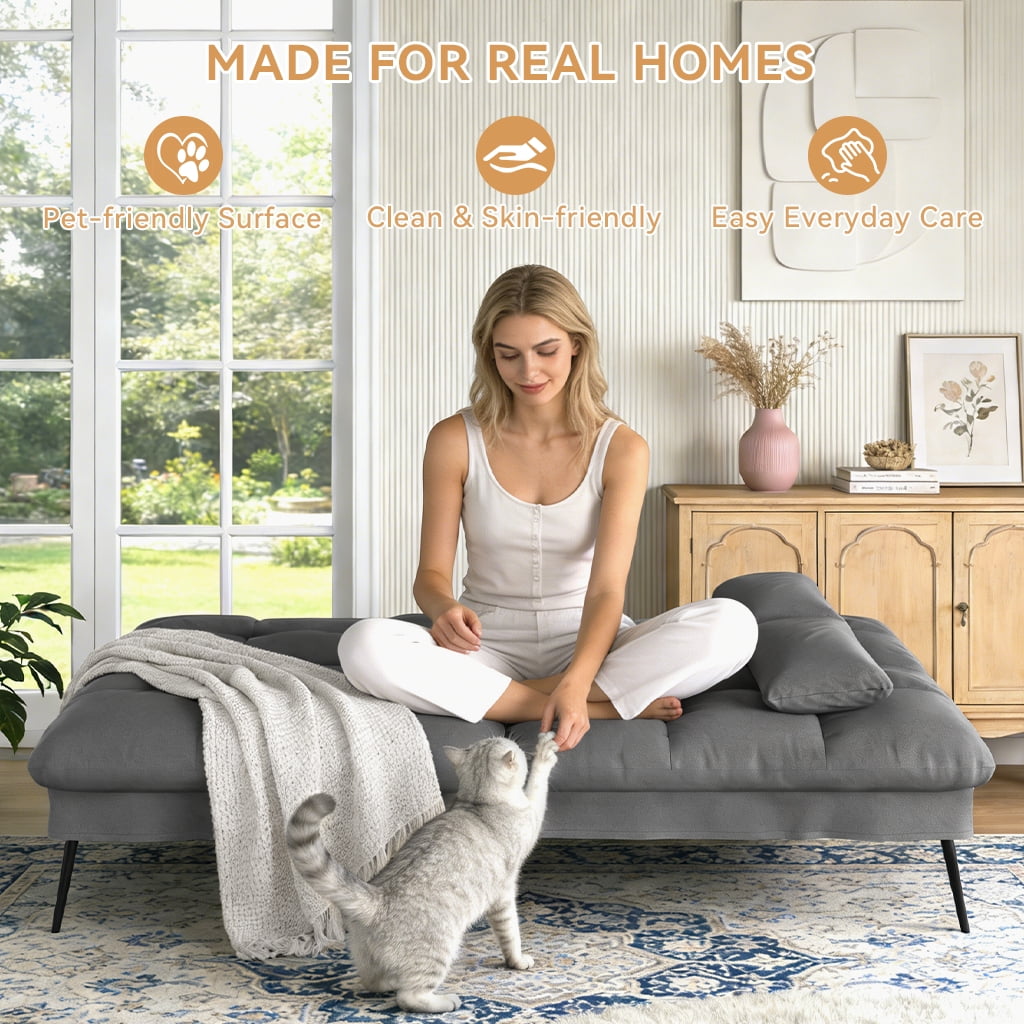 COMHOMA Convertible Futon Sofa Bed Upholstered Futon Couch 68.5" Fabric Sleeper Sofa, Gray