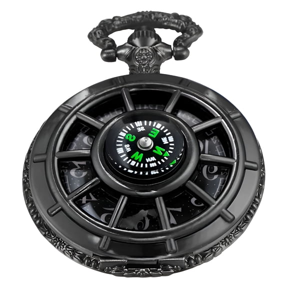 DESIGNICE Men's Quartz Pocket Watch with Chain, Black Hollow-Out Arabic Numeral Dial