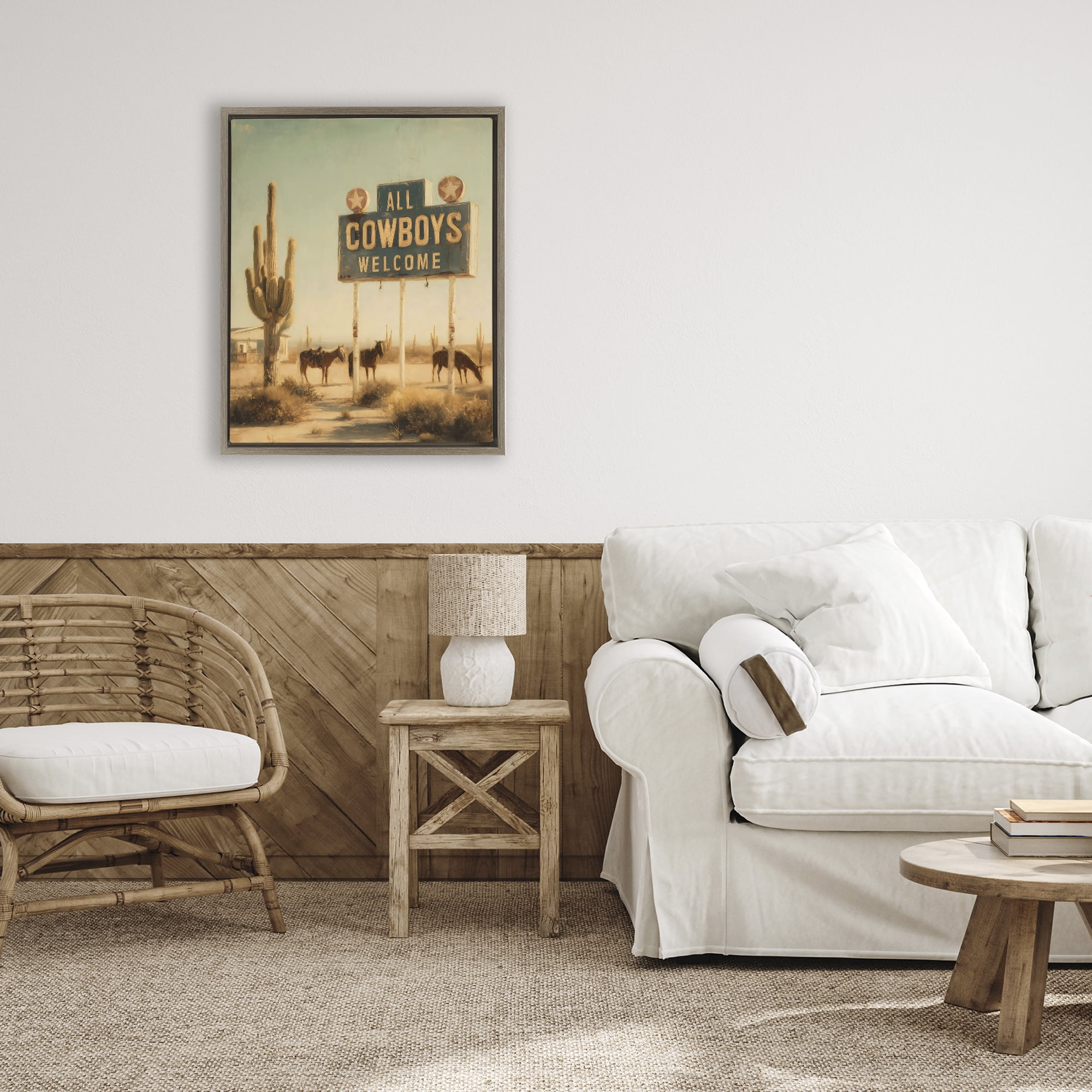 Stupell Industries All Cowboys Welcome Desert Brown Framed Floater Canvas Wall Art, design by Arlington Prints