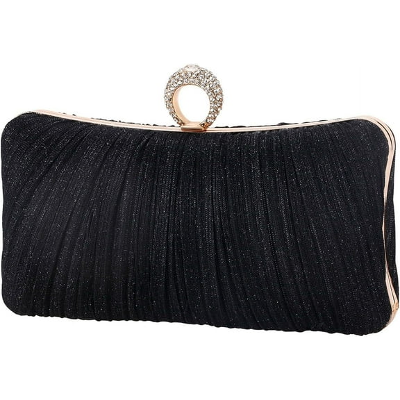 Kwuty Womens Golden Glitter Clutch Purse Pleated Evening Bag for Bridal Wedding Party with Rhinestone Ring