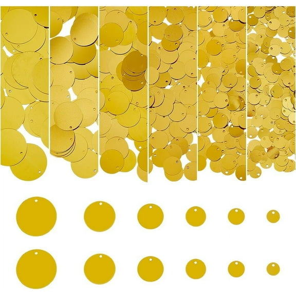 1 Box 6 Sizes 880Pcs Flat Round Sequin Paillettes Plastic Sequins for Crafts 8/10/12/16/19/25mm Golden Metallic Metalic Large Loose Sequins for DIY Decoration Garment Embroidery