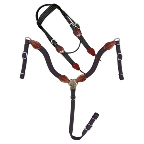 Showman Nylon Browband Headstall & Breast Collar Set w/ Leather Accents (Black)