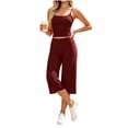 thumbnail image 5 of Women's Soft 2 Piece Athletic Outfits Solid Color Crop Cami Tops and Stretch Capri Wide Leg Pants Daily Workout Yoga Matching Sets Wine, 5 of 9