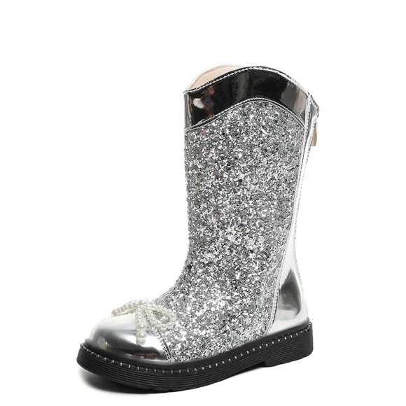 QHFBli Cowboy Boots Kids - Mid Calf Western Shoes Cowgirl Riding Shoes Square Toe for Toddler/Little Kid/Big Kid Silver 10.5-11 Years