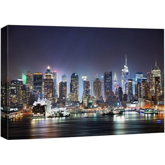 Aaheei Canvas Print Wall Art New York City Night Skyline Hudson River Architecture & Maps Cityscape Photography Realism Global Scenic Multicolor for Living Room, Bedroom, Office 8 x 10 in
